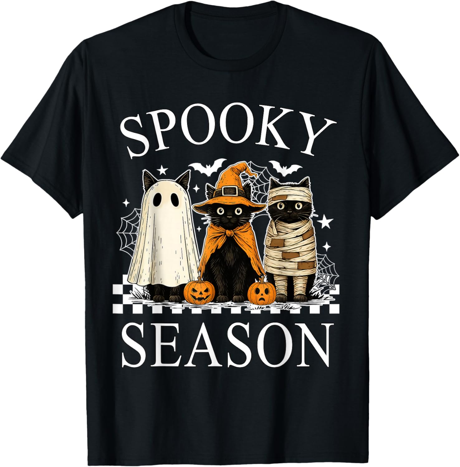 Groovy Retro Spooky Season Cats Ghost Halloween Decorations T-Shirt