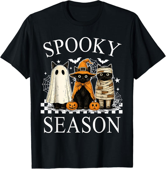 Groovy Retro Spooky Season Cats Ghost Halloween Decorations T-Shirt