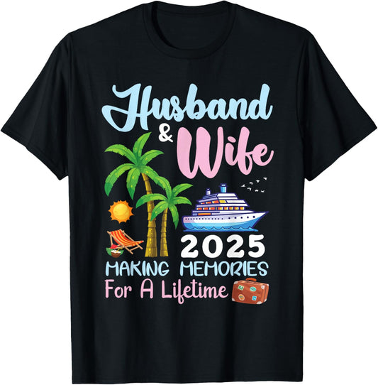 B2Shop Happy New Trip Husband &amp; Wife 2025 Making Memories Cruise T-Shirt - Black, Small, Unisex-Adults, Short Sleeve, T-Shirt, All Seasons, Letter Print, Christmas