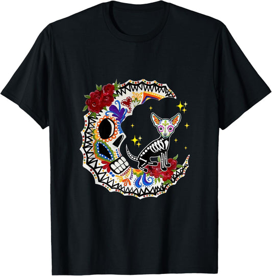 Halloween Sugar Skull Chihuahua and Moon Lover T-Shirt