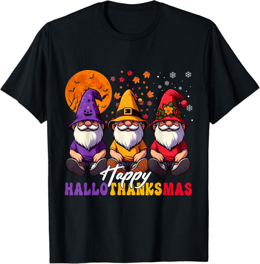 Halloween Thanksgiving Christmas Happy HalloThanksMas Gnomes T-Shirt