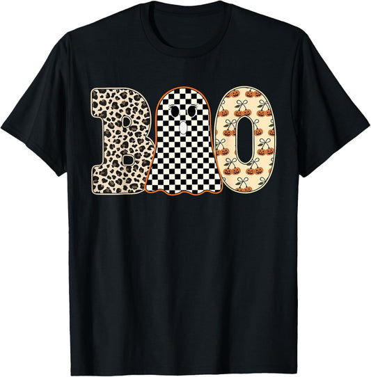 Halloween Boo Ghost Leopard Cherries Checkered Spooky Season T-Shirt