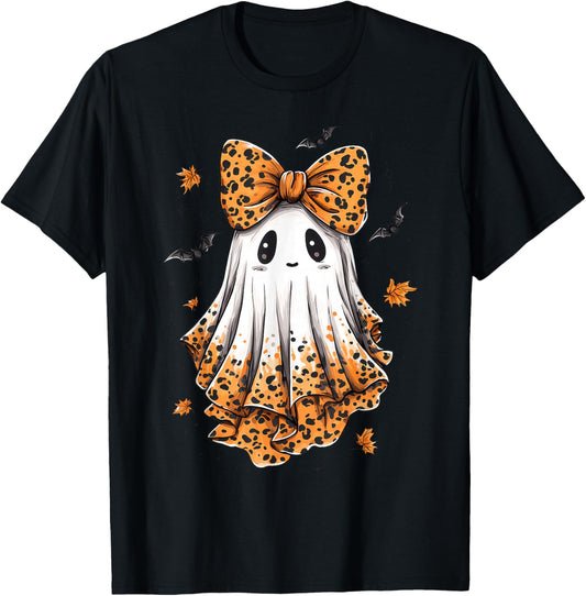 Halloween Leopard Ghost Boo Spooky Coquette Bow T-Shirt