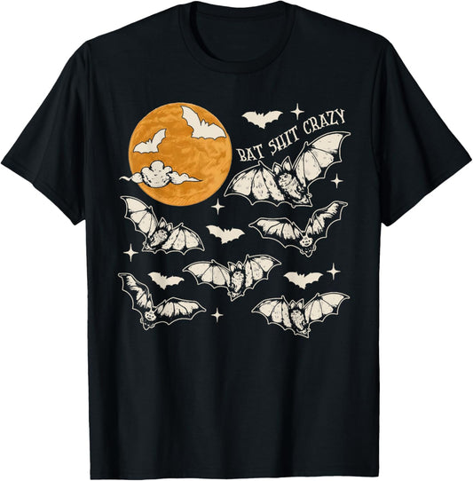 Bat Shit Crazy Funny Halloween Spooky Season Retro Moon T-Shirt
