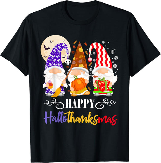 Halloween Thanksgiving Christmas Gnome Happy HallothanksMas T-Shirt