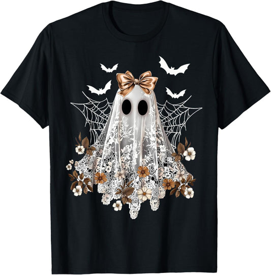 Halloween Boo Lace Bow Cute Ghost Cottagecore Girls Womens T-Shirt