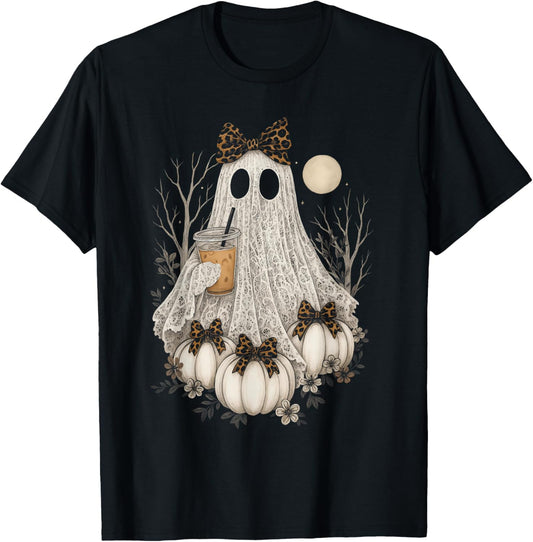 Halloween Ghost Coffee Pumpkin Coquette Bow Spooky Season T-Shirt
