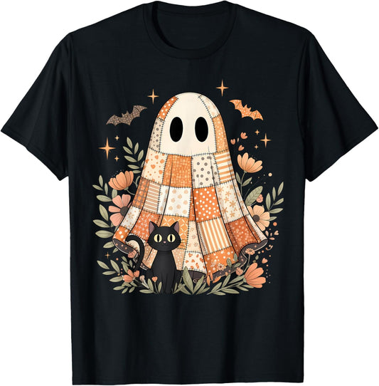 Halloween Spooky Season Patchwork Ghost Black Cat Floral T-Shirt