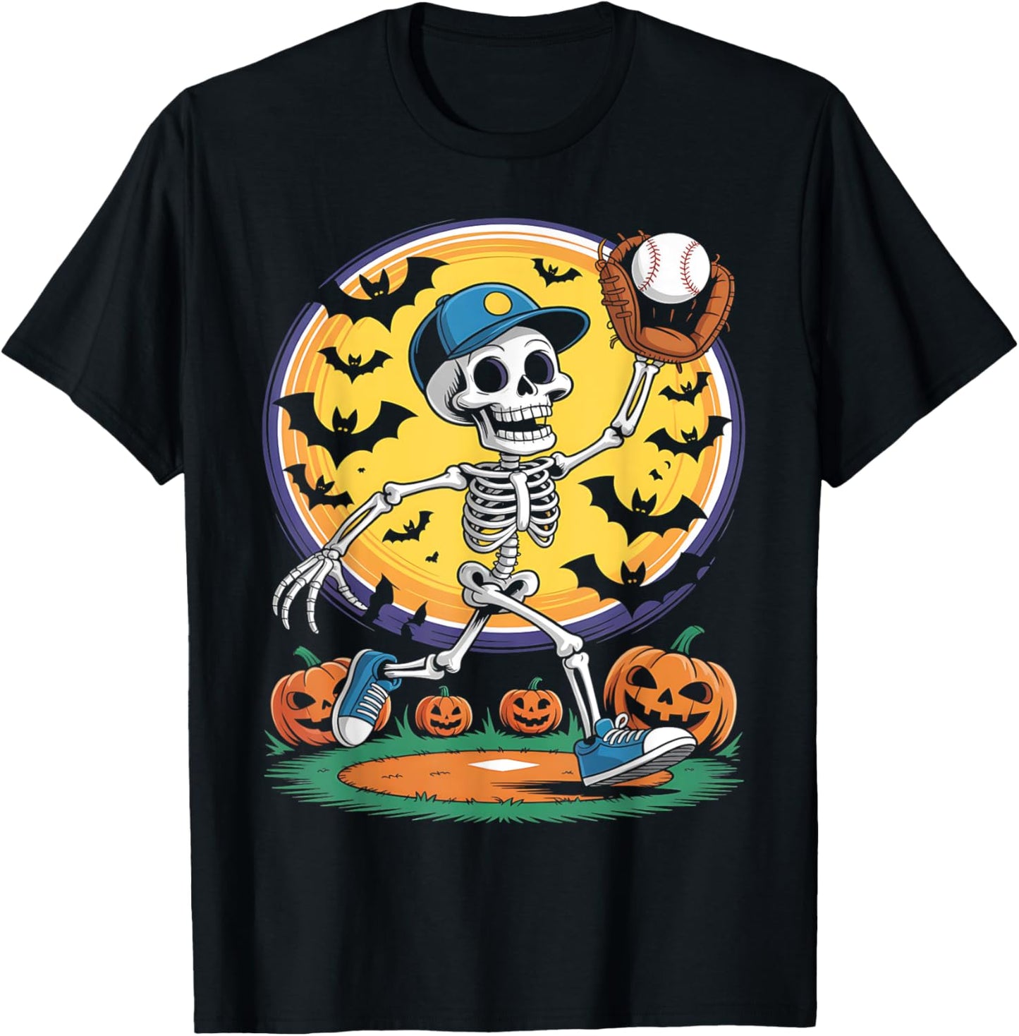 Baseball Skeleton Halloween Men Boys Baseball Spooky Season T-Shirt
