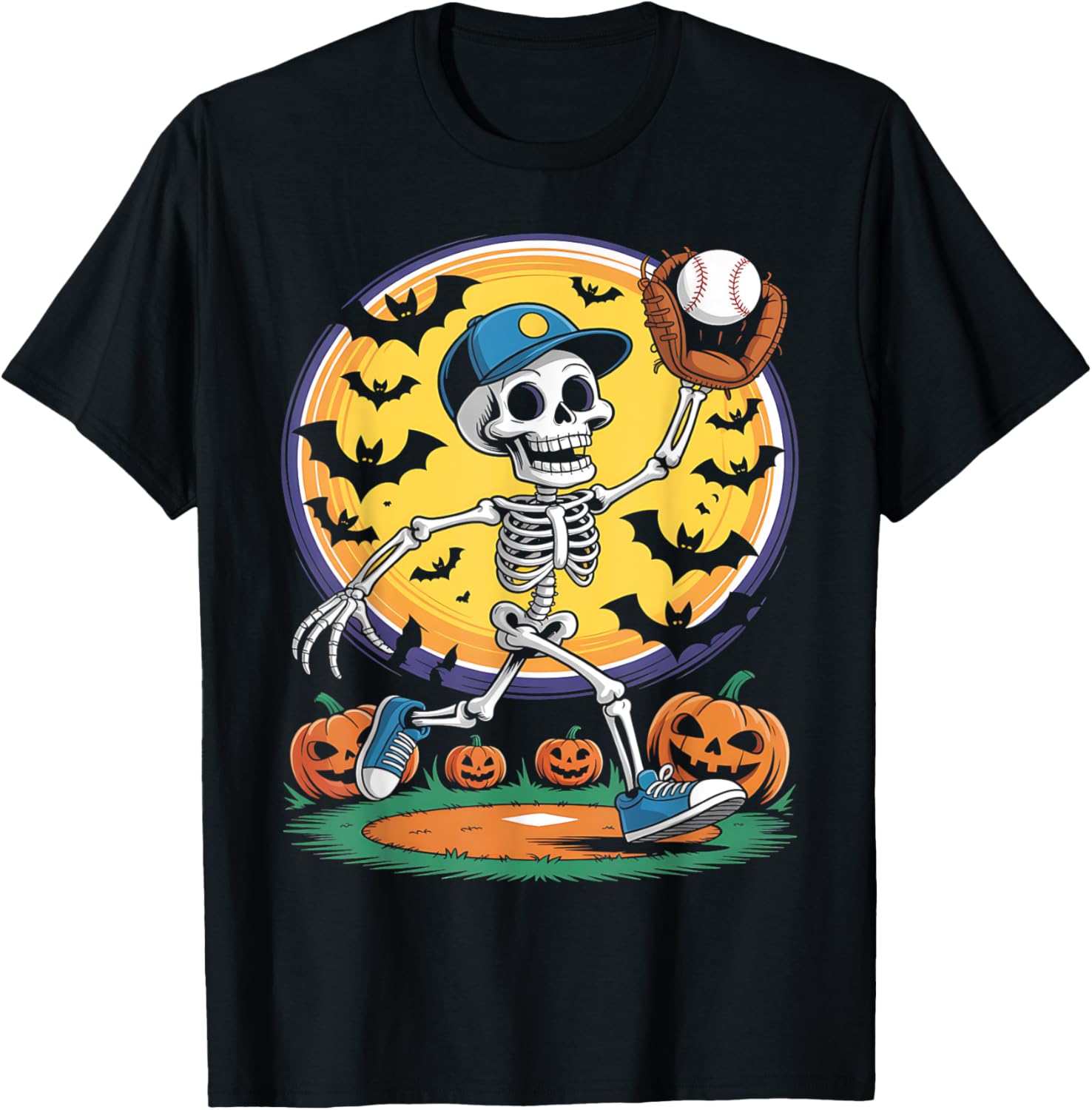 Baseball Skeleton Halloween Men Boys Baseball Spooky Season T-Shirt