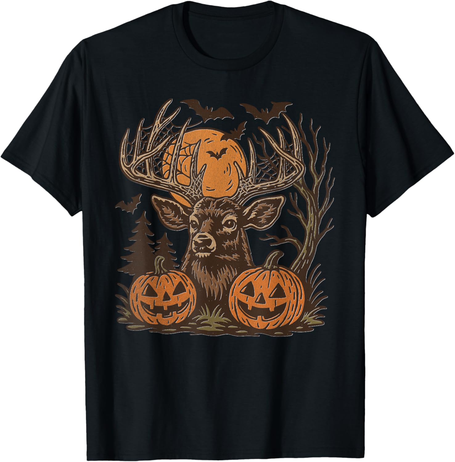 Halloween Deer Buck with Pumpkin Antlers Fall Spooky Night T-Shirt