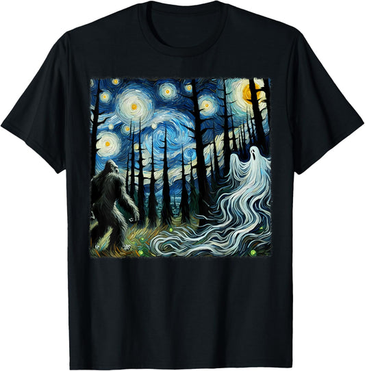 Halloween Bigfoot Starry Night Van Gogh Ghost Spooky Season T-Shirt