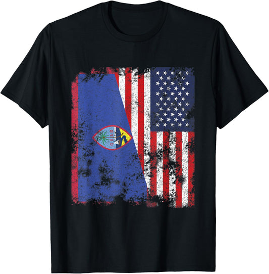 Guam USA Flag Distressed - Half American T-Shirt for Women Kids Men