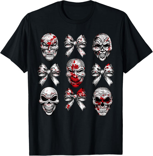 Halloween Coquette Bow Horror Movie Character Spooky Skulls T-Shirt