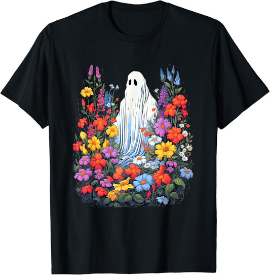 Groovy Vintage Spooky Season Floral Ghost Halloween T-Shirt