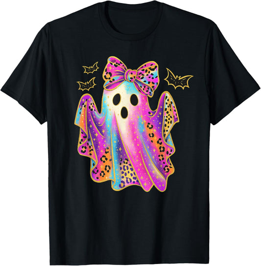 Halloween Girly Leopard Ghost Coquette Spooky Season Kids T-Shirt