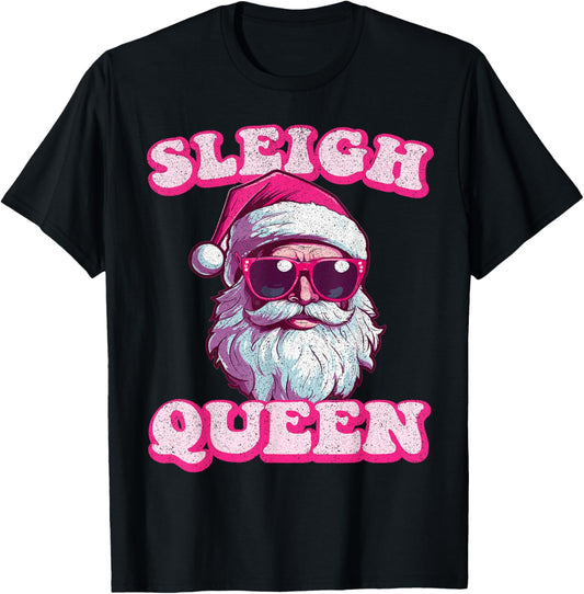 Groovy Retro Christmas Funny Pink Santa Sleigh Queen T-Shirt