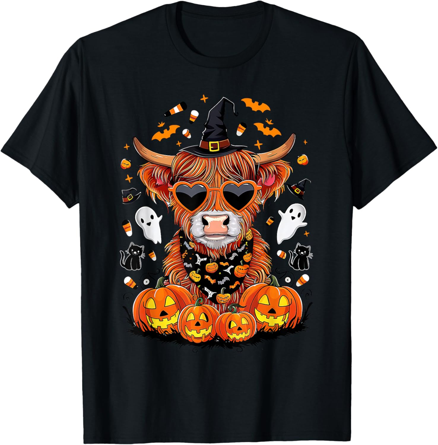 Halloween Highland Cow Farm Western Ghost Cow Witchy Pumpkin T-Shirt