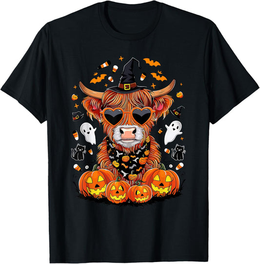 Halloween Highland Cow Farm Western Ghost Cow Witchy Pumpkin T-Shirt