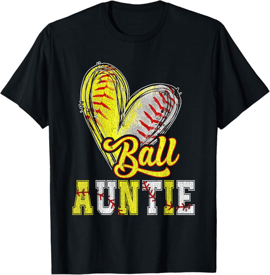 Ball Auntie Heart Half Baseball Softball Auntie Of Both T-Shirt