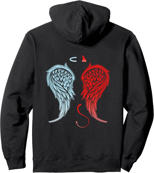 Half Angel Devil Wings on Back Halo Horns Tail Halloween Pullover Hoodie