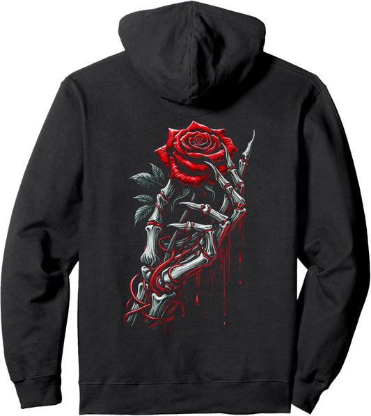 Halloween Skeleton Hand with Red Rose Valentine's Day Art Pullover Hoodie